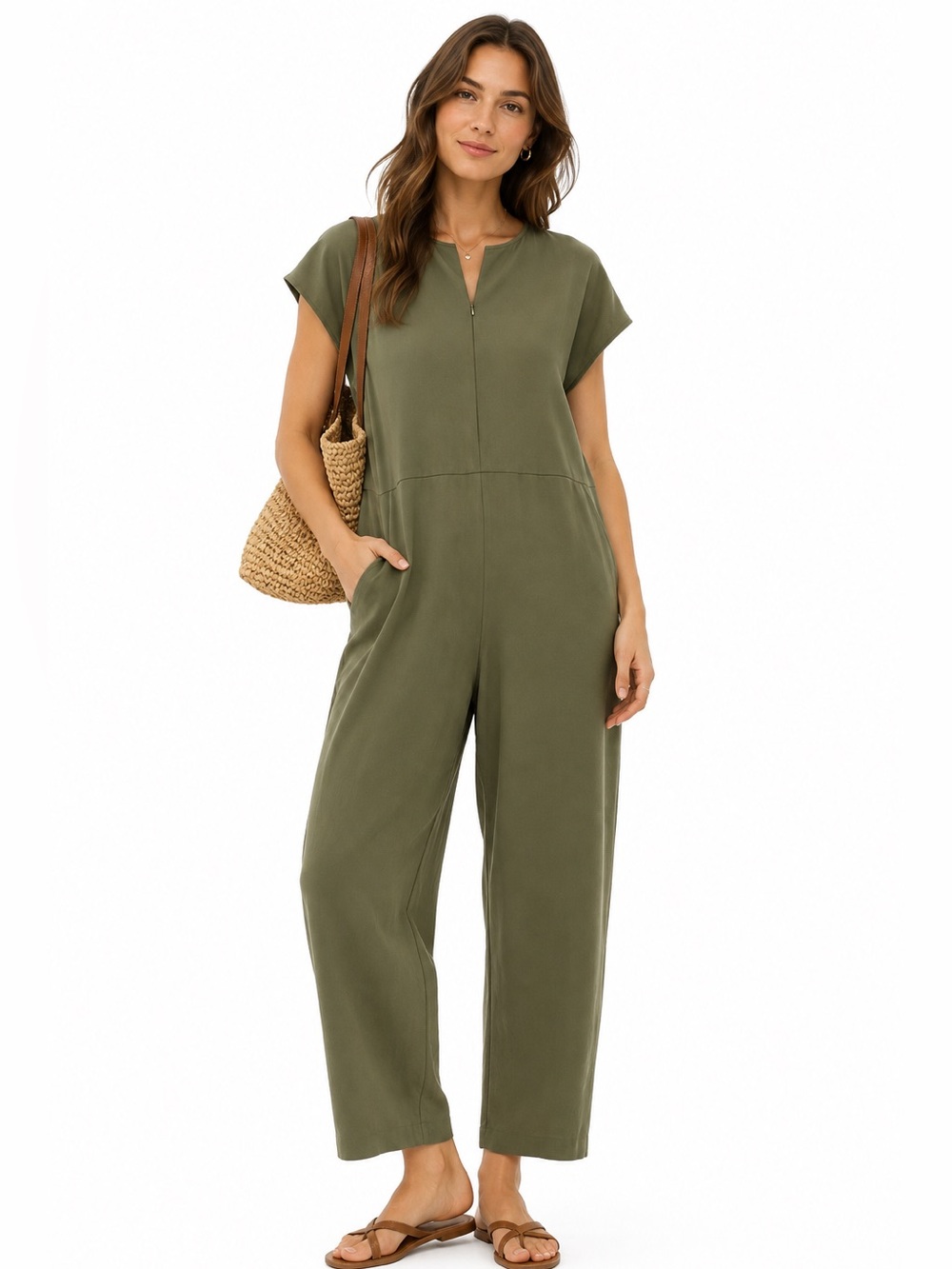 Olive Green Cap-Sleeve Jumpsuit